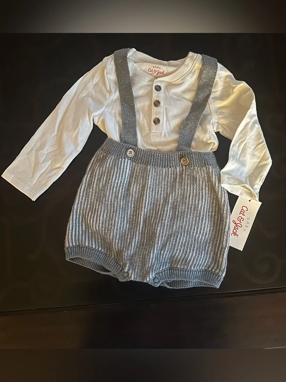Cat & Jack Henley Top with Gray Knit Suspender Bloomers, NWT, Size 12 Months